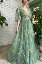 Beautiful Long Green V-neck A-line Appliques Prom Dress by misshow.com
