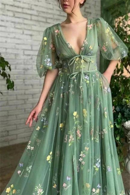 Beautiful Long Green V-neck A-line Appliques Prom Dress by misshow.com