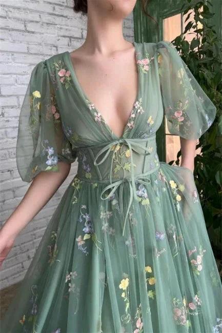 Beautiful Long Green V-neck A-line Appliques Prom Dress by misshow.com