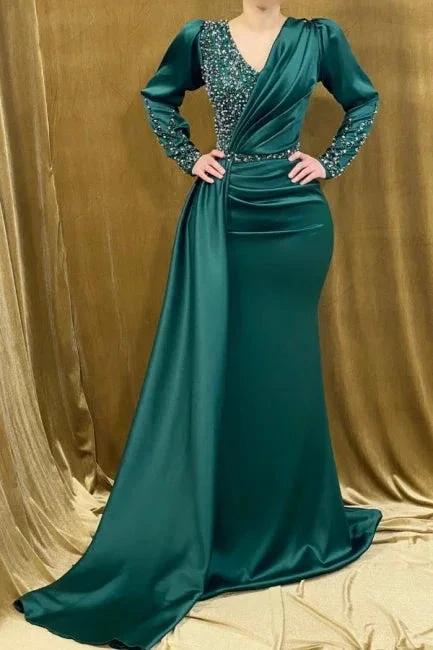 Beautiful Long Green V-neck Beading Mermaid Evening Dresses With Long Sleeves by misshow.com