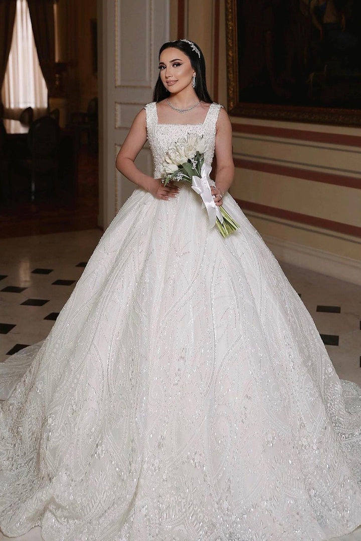 Lovely Long Ivory A-line Sleeveless Wedding Dress With Beaded Lace