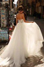 Beautiful Long Ivory A-line Spaghetti Straps Lace Tulle Wedding Dress by misshow.com