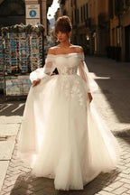 Beautiful Long Ivory A-line Spaghetti Straps Lace Tulle Wedding Dress by misshow.com