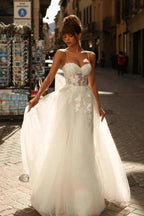 Beautiful Long Ivory A-line Spaghetti Straps Lace Tulle Wedding Dress by misshow.com