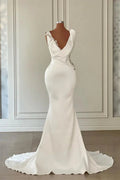 Beautiful Long Ivory Mermaid V-neck Satin Beading Sleeveless Wedding Dress by misshow.com