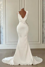 Beautiful Long Ivory Mermaid V-neck Satin Beading Sleeveless Wedding Dress by misshow.com