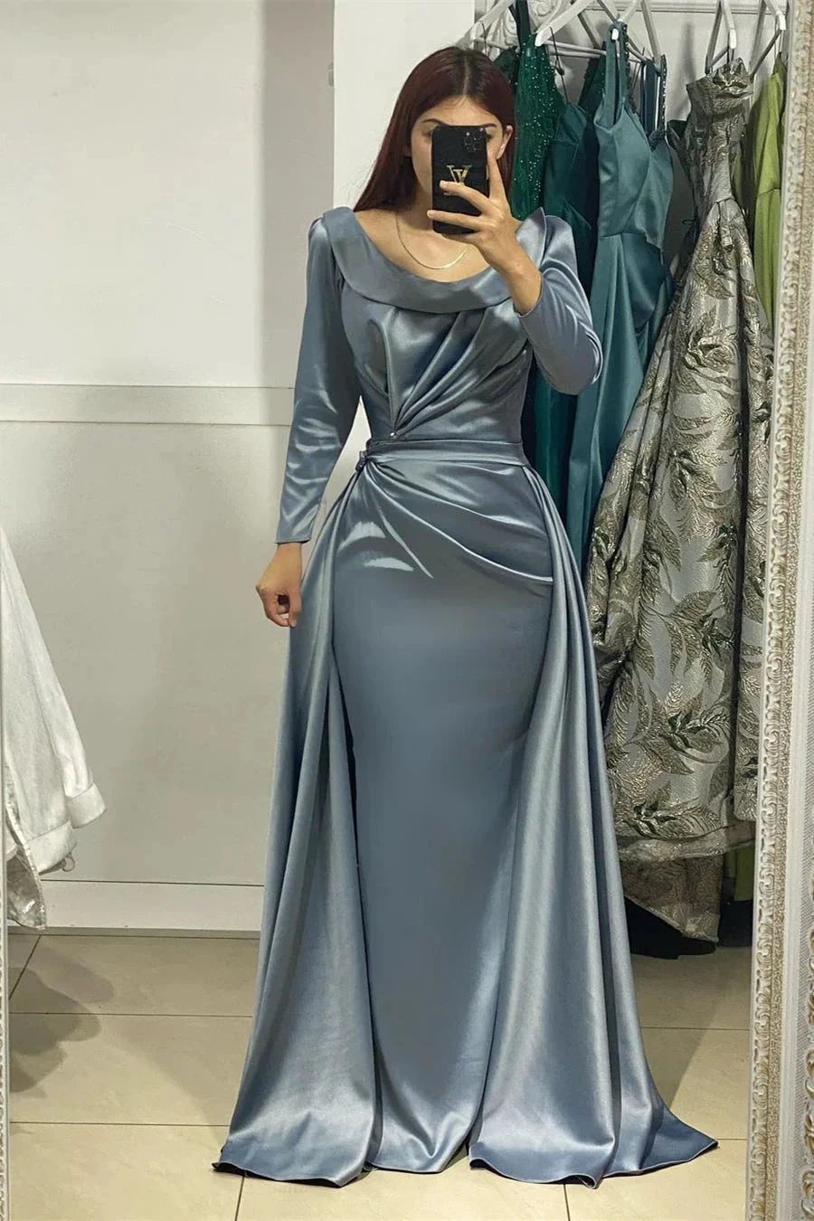 Beautiful Long Jewel Satin Long Sleeves Mermaid Prom Dress by misshow.com