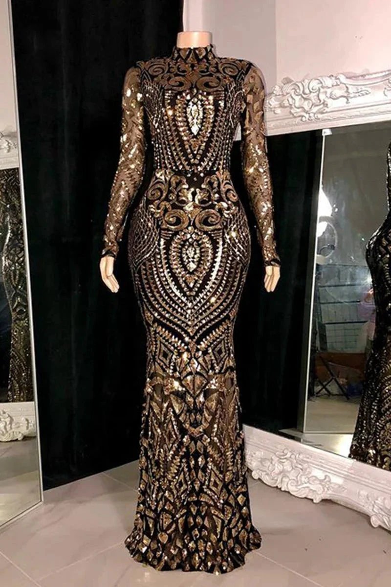 Beautiful Long Mermaid High Neck Lace Long Sleeves Prom Dress by misshow.com