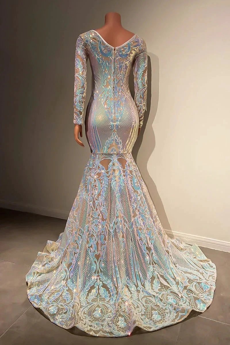 Beautiful Long Mermaid Lace Long Sleeves Evening Dress With Train by misshow.com