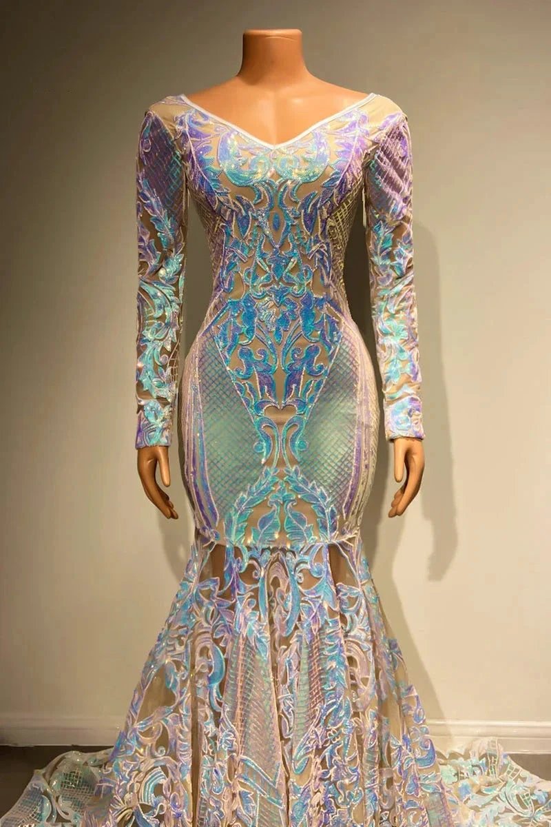 Beautiful Long Mermaid Lace Long Sleeves Evening Dress With Train by misshow.com