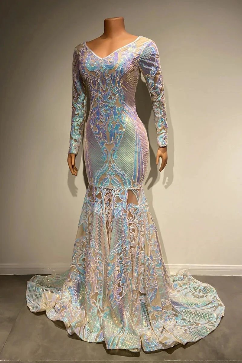 Beautiful Long Mermaid Lace Long Sleeves Evening Dress With Train by misshow.com