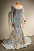 Beautiful Long Mermaid Lace Long Sleeves Evening Dress With Train by misshow.com
