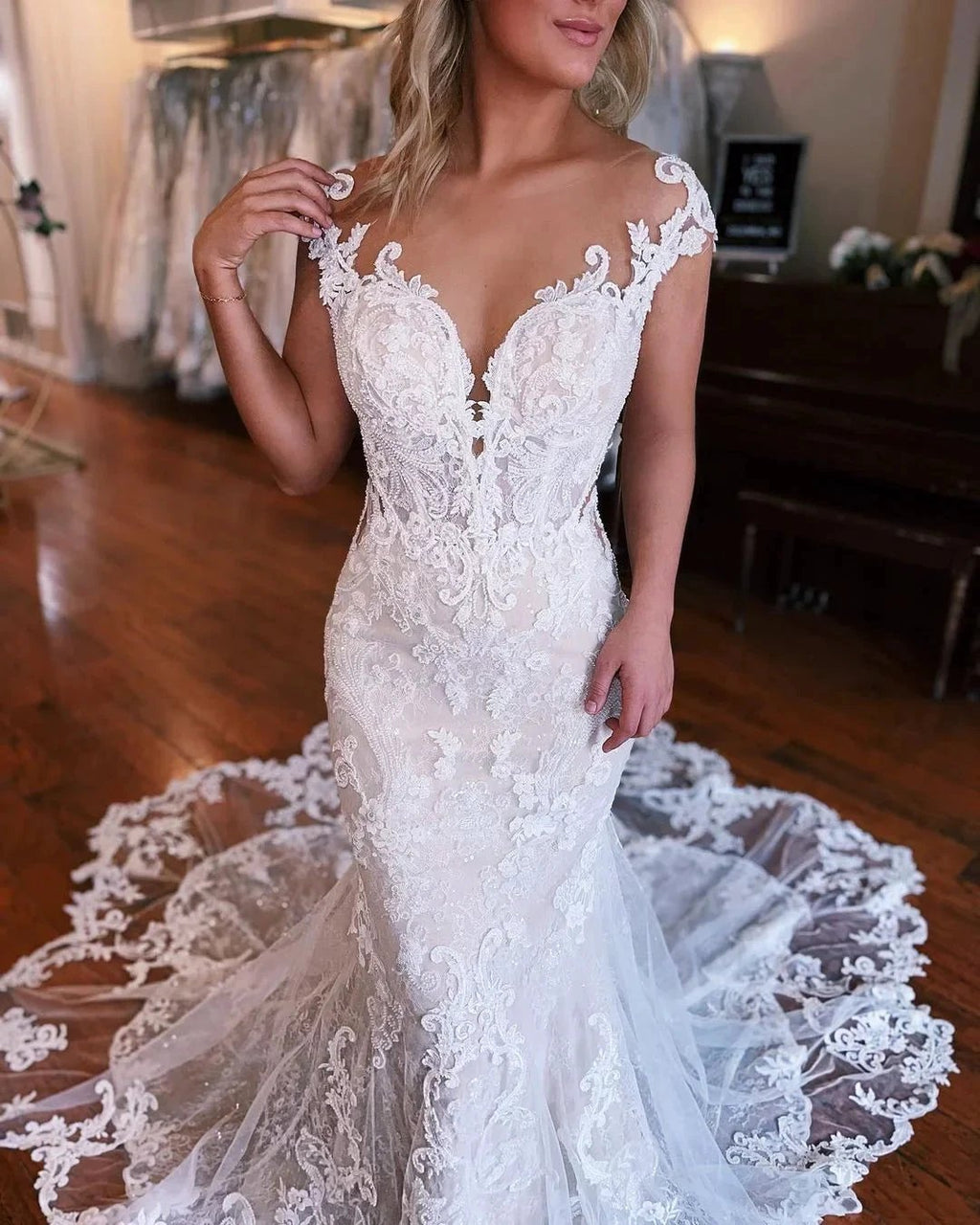 Beautiful Long Mermaid Lace Sleeveless Wedding Dress With Detachable Train by misshow.com