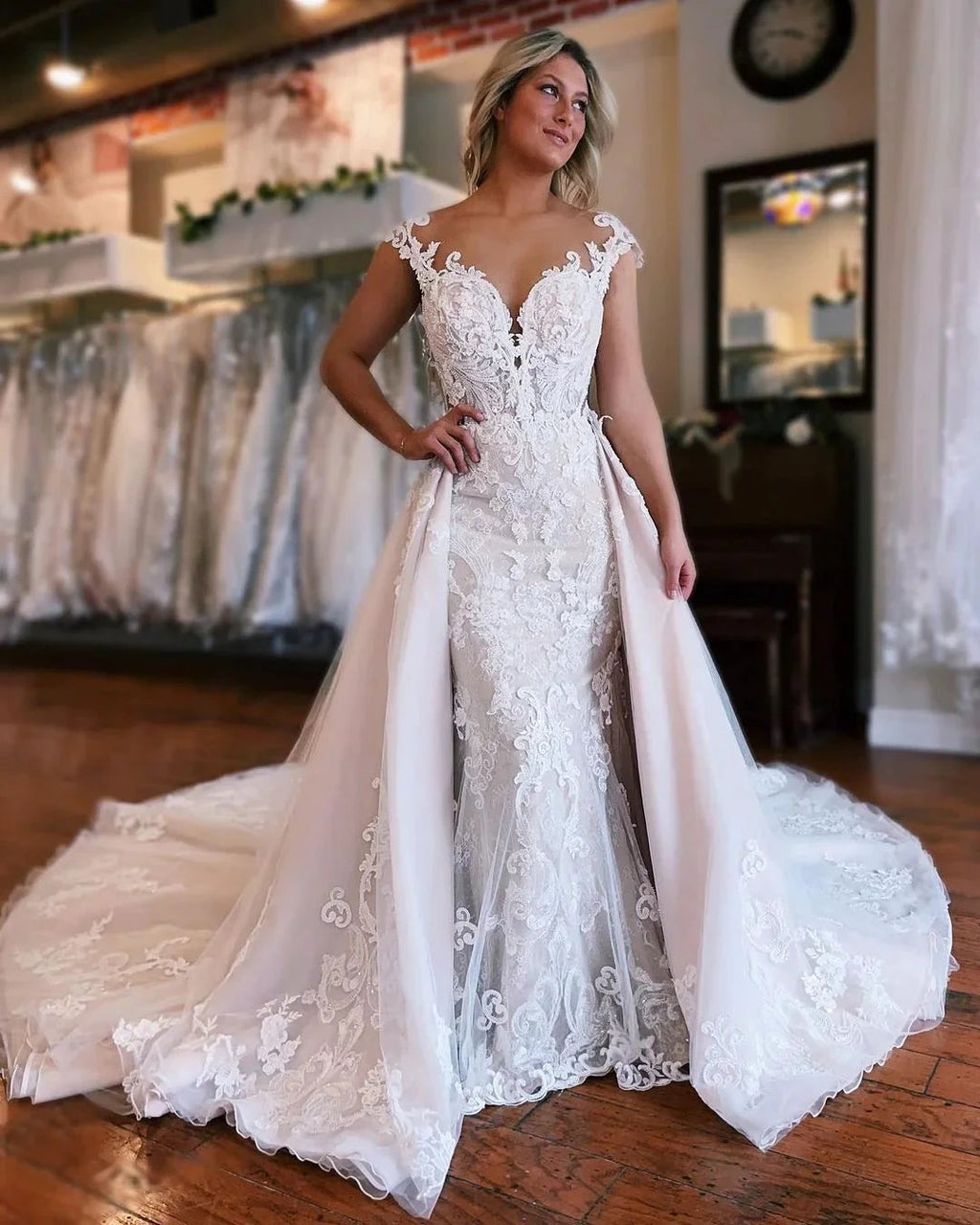 Beautiful Long Mermaid Lace Sleeveless Wedding Dress With Detachable Train by misshow.com