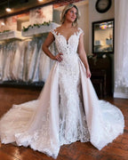 Beautiful Long Mermaid Lace Sleeveless Wedding Dress With Detachable Train by misshow.com