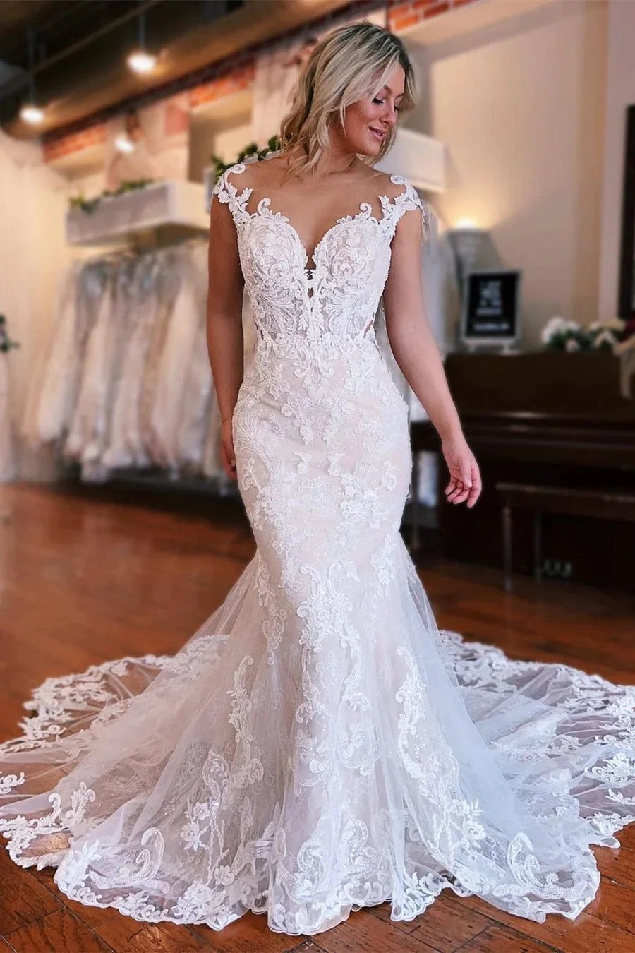 Beautiful Long Mermaid Lace Sleeveless Wedding Dress With Detachable Train by misshow.com