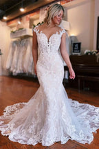 Beautiful Long Mermaid Lace Sleeveless Wedding Dress With Detachable Train by misshow.com