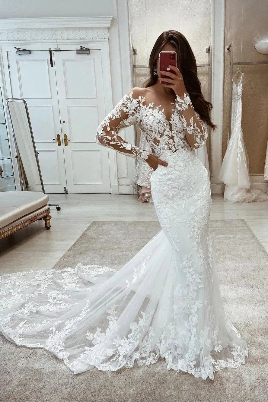 Beautiful Long Mermaid Long Sleeves Lace V-neck Wedding Dress by misshow.com