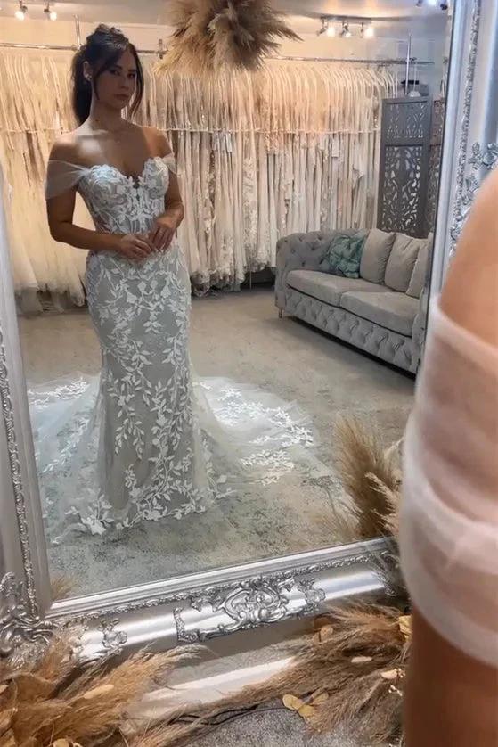 Beautiful Long Mermaid Off-the-shoulder Appliques Sleeveless Wedding Dress With Lace by misshow.com