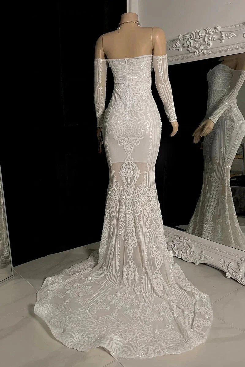 Beautiful Long Mermaid Off-the-shoulder Lace Long Sleeves Prom Dress With Train by misshow.com