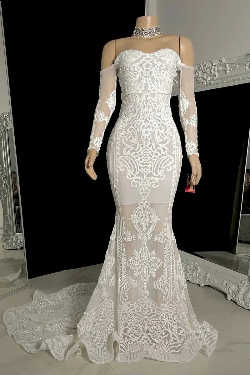 Beautiful Long Mermaid Off-the-shoulder Lace Long Sleeves Prom Dress With Train by misshow.com