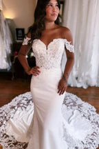 Beautiful Long Mermaid Off-the-shoulder Lace Satin Wedding Dress by misshow.com