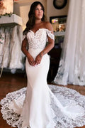 Beautiful Long Mermaid Off-the-shoulder Lace Satin Wedding Dress by misshow.com
