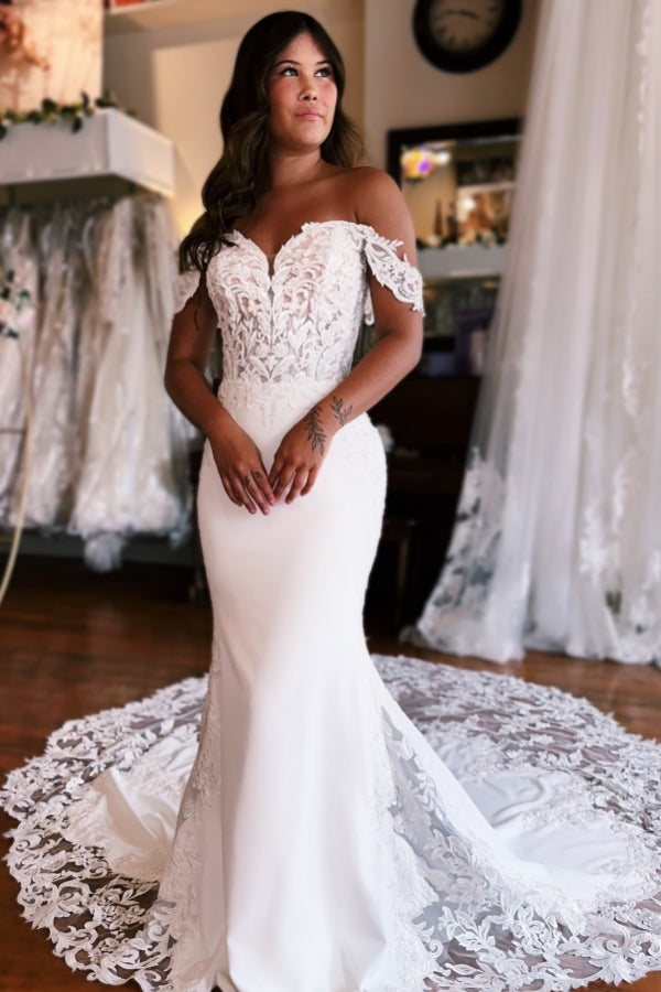 Beautiful Long Mermaid Off-the-shoulder Lace Satin Wedding Dress Hover Image