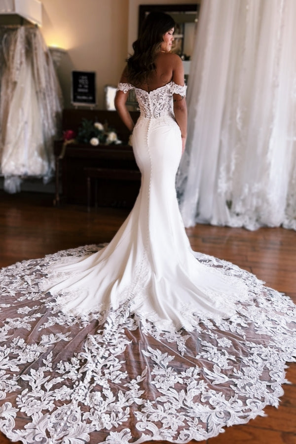 Beautiful Long Mermaid Off-the-shoulder Lace Satin Wedding Dress Main Image