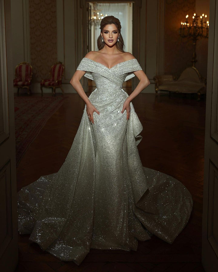 Beautiful Long Mermaid Off-The-Shoulder Sequined Sleeveless Wedding Dress
