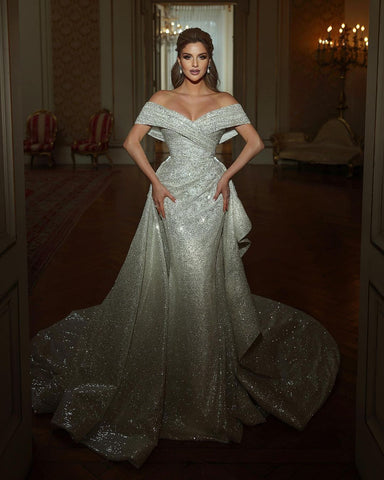 Beautiful Long Mermaid Off-the-shoulder Sequined Sleeveless Weddding Dress