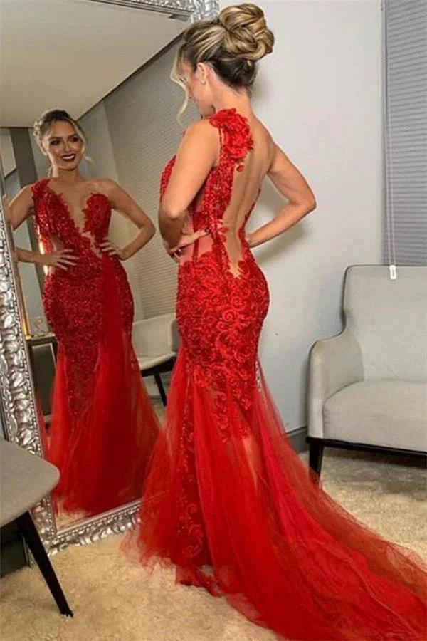 Beautiful Long Mermaid One Shoulder Lace Red Backless Prom Dress by BIZTUNNEL