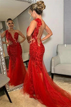 Beautiful Long Mermaid One Shoulder Lace Red Backless Prom Dress by BIZTUNNEL