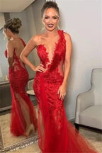 Beautiful Long Mermaid One Shoulder Lace Red Backless Prom Dress by BIZTUNNEL