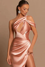 Beautiful Long Mermaid One Shoulder Satin Prom Dress With Slit by misshow.com
