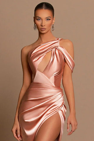 Beautiful Long Mermaid One Shoulder Satin Prom Dress With Slit