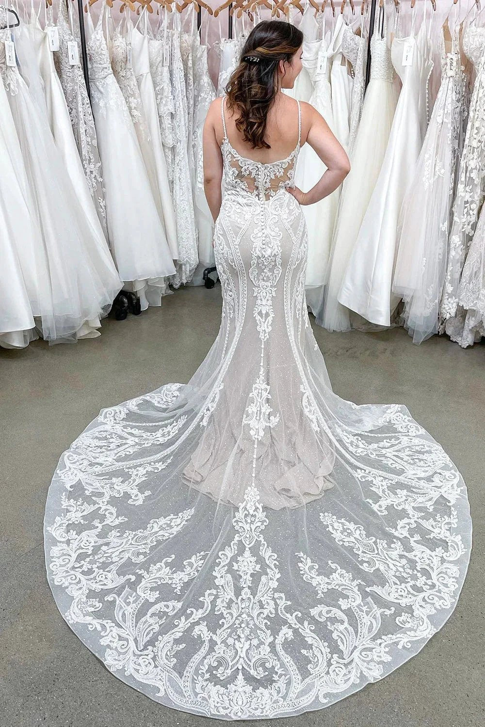 Beautiful Long Mermaid Spaghetti Straps Backless Appliques Lace Wedding Dress by BIZTUNNEL
