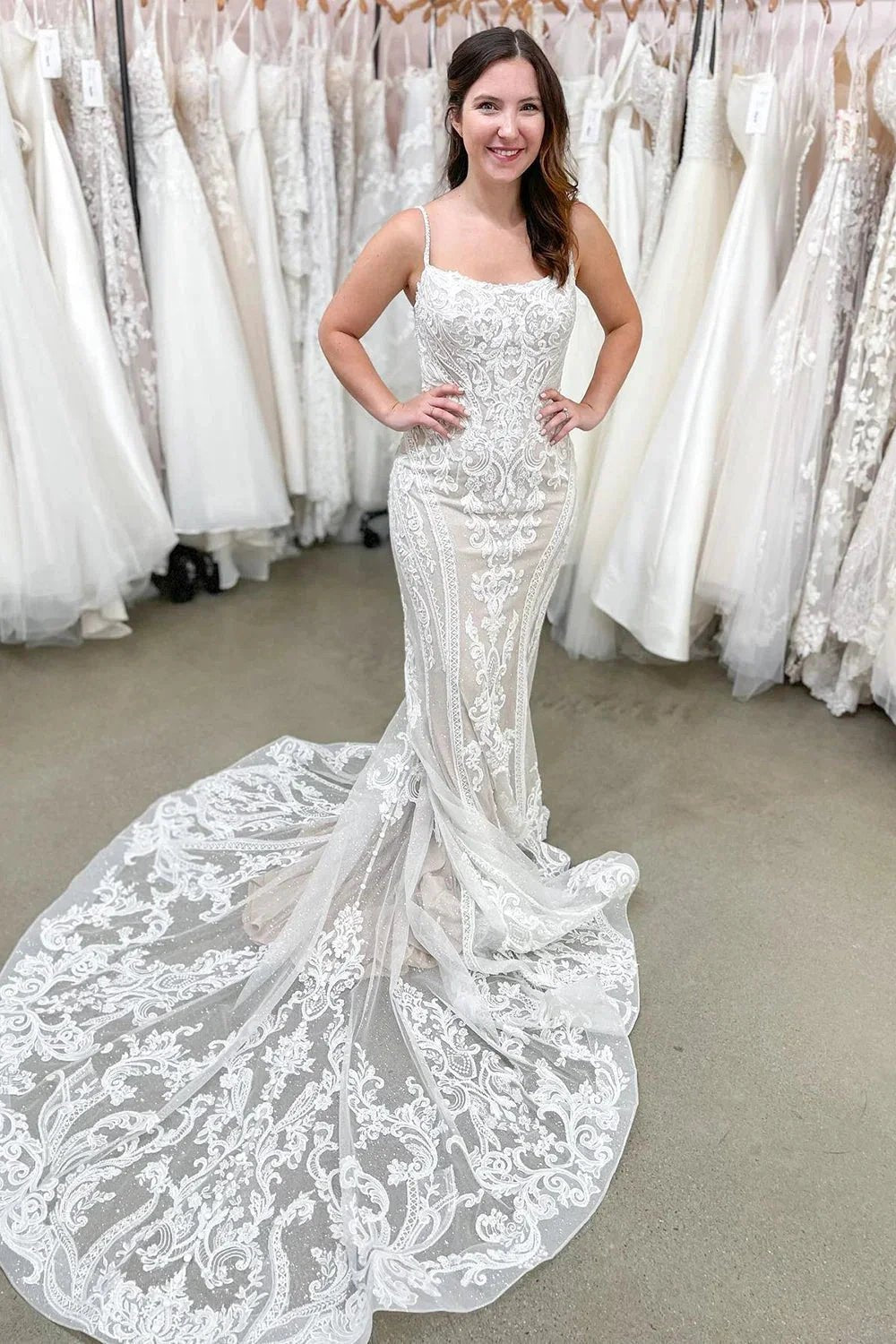 Beautiful Long Mermaid Spaghetti Straps Backless Appliques Lace Wedding Dress by BIZTUNNEL