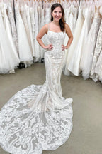 Beautiful Long Mermaid Spaghetti Straps Backless Appliques Lace Wedding Dress by BIZTUNNEL