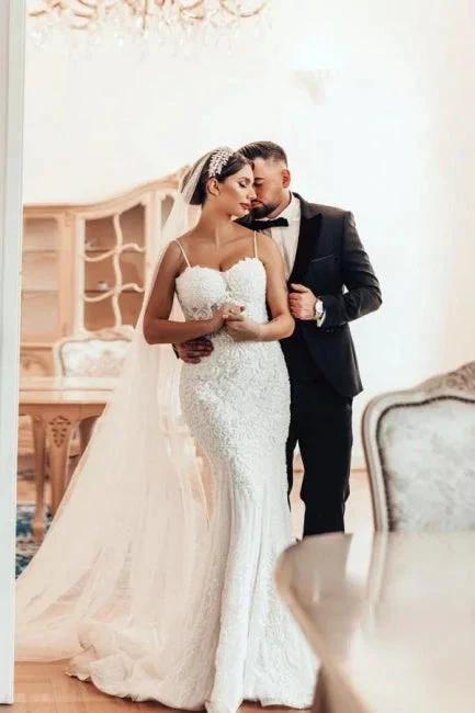 Beautiful Long Mermaid Spaghetti Straps Lace Sleeveless Wedding Dress by misshow.com