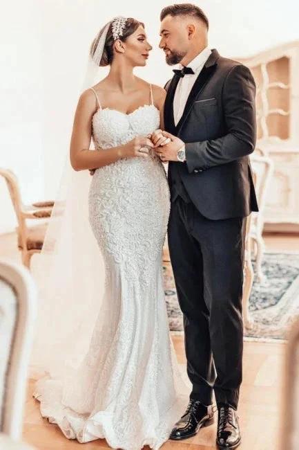 Beautiful Long Mermaid Spaghetti Straps Lace Sleeveless Wedding Dress by misshow.com