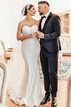Beautiful Long Mermaid Spaghetti Straps Lace Sleeveless Wedding Dress by misshow.com