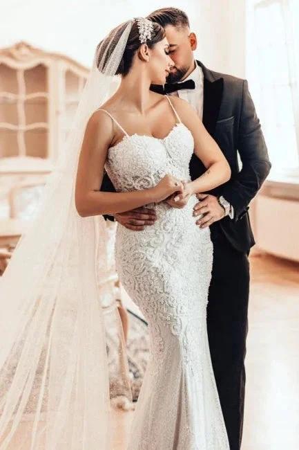 Beautiful Long Mermaid Spaghetti Straps Lace Sleeveless Wedding Dress by misshow.com