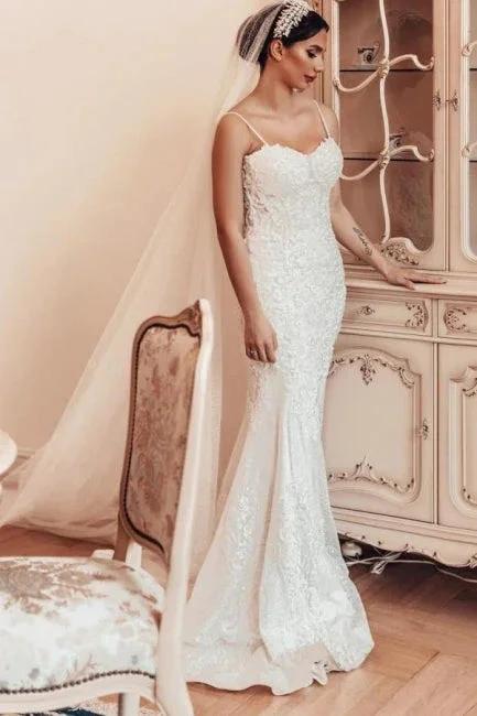 Beautiful Long Mermaid Spaghetti Straps Lace Sleeveless Wedding Dress by misshow.com