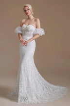 Beautiful Long Mermaid Sweetheart Lace Wedding Dresses with Detachable Sleeves by BIZTUNNEL