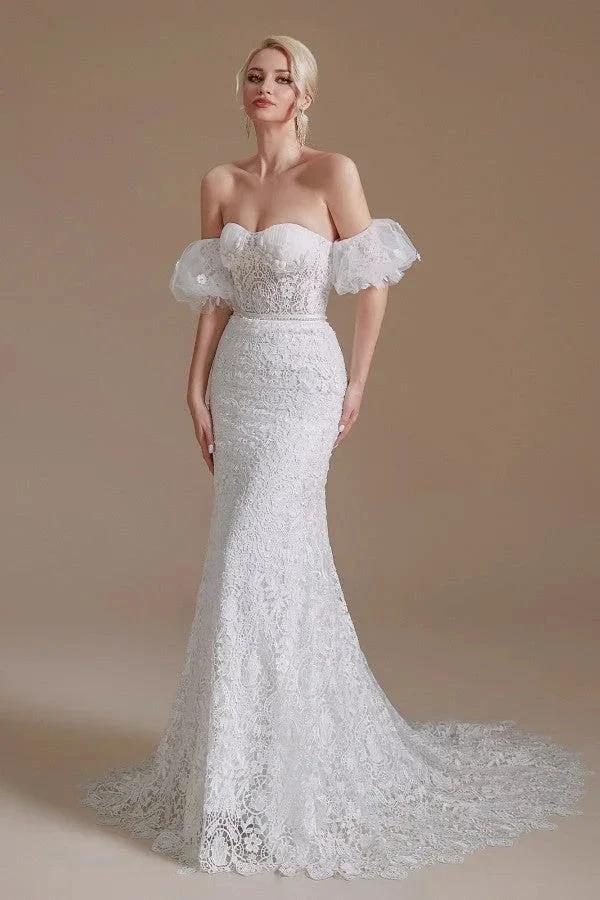 Beautiful Long Mermaid Sweetheart Lace Wedding Dresses with Detachable Sleeves by BIZTUNNEL
