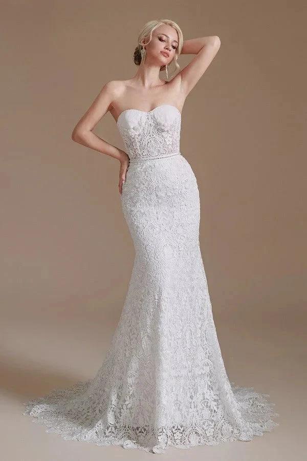 Beautiful Long Mermaid Sweetheart Lace Wedding Dresses with Detachable Sleeves by BIZTUNNEL
