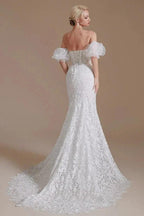 Beautiful Long Mermaid Sweetheart Lace Wedding Dresses with Detachable Sleeves by BIZTUNNEL