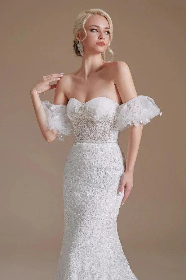 Beautiful Long Mermaid Sweetheart Lace Wedding Dresses with Detachable Sleeves by BIZTUNNEL