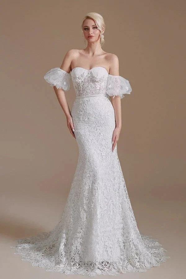 Beautiful Long Mermaid Sweetheart Lace Wedding Dresses with Detachable Sleeves by BIZTUNNEL